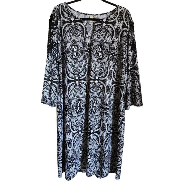 Tacera Dresses & Skirts - Tacera Black & White Print 3/4 Sleeve Embroidered Career Shift Dress Women's 2X